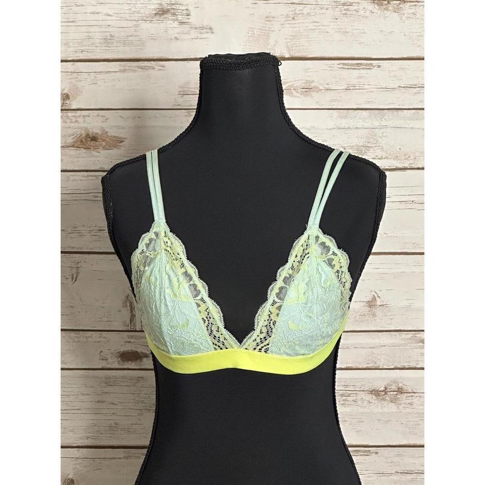 PINK Victoria's Secret mint green/neon yellow lace triangle bralette Size Medium